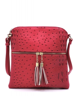 Ostrich Croc Zip Tassel Crossbody Bag OS062 MAGENTA